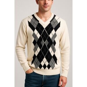 Vintage John Ashford Golf Argyle‎ V Neck Sweater Mens Large Ivory Black Gray